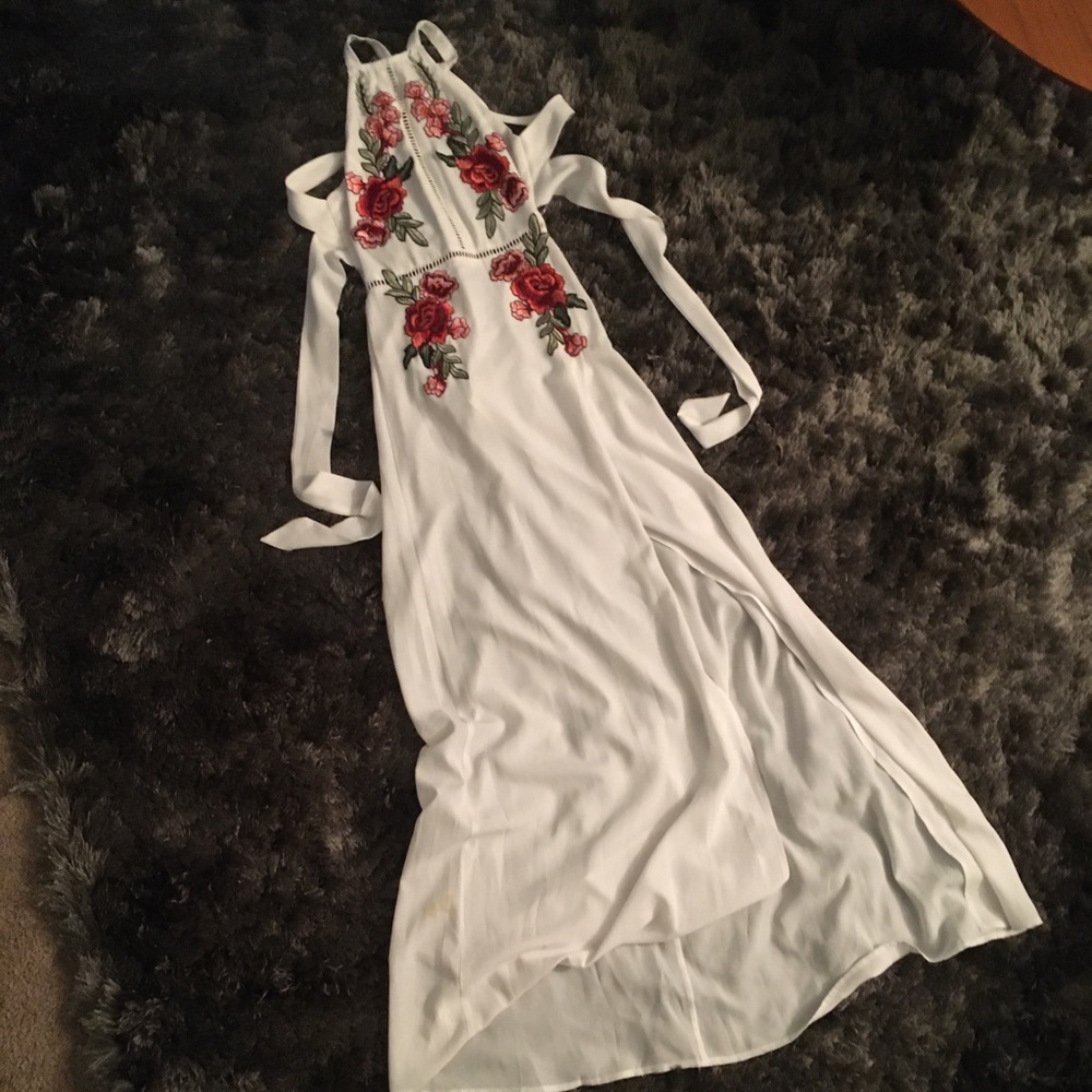 Mahina rose embroidered white faux wrap maxi dress